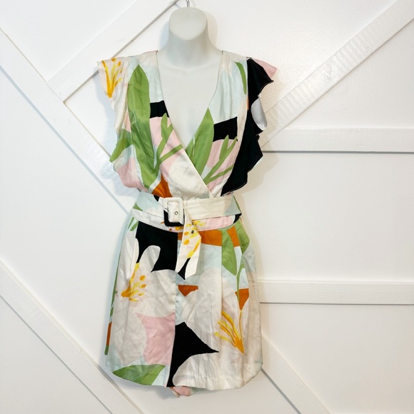 Great Jones Floral Print Belted Sleeveless V-Neck Short Romper Multicolor Sz 16 - Picture 2 of 10